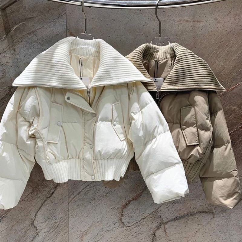 Damenbekleidung neue Baumwolljacke für Damen im Kurzstil mit hoher Taille und großem Revers, modische High-End-Jacke in reiner Farbe, vielseitiger warmer Wintermantel_voghion.com