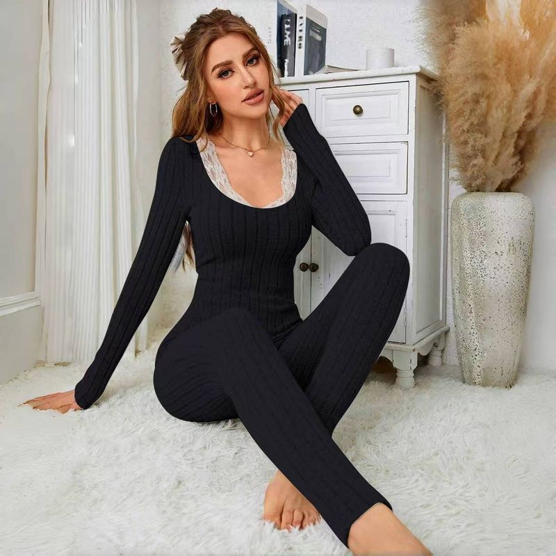Women's Solid Ribbed Lace Trim Slim Fit Sleepwear Set Long Sleeve Round Neck Pants Comfortable Casual Outfit For Autumn_voghion.com
