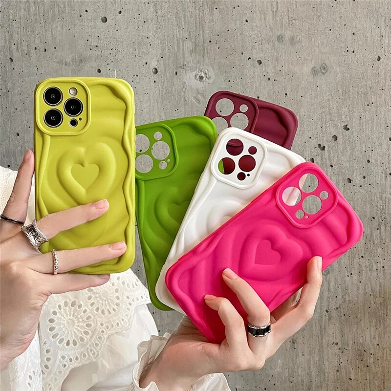 Ins 3D Aşk Kalp Yaz Tatlı Renk Telefon Kılıfı iPhone 14 11 12 13 Pro Max Dalgalı Kenar Yumuşak Silikon Kamera Koruması_voghion.com