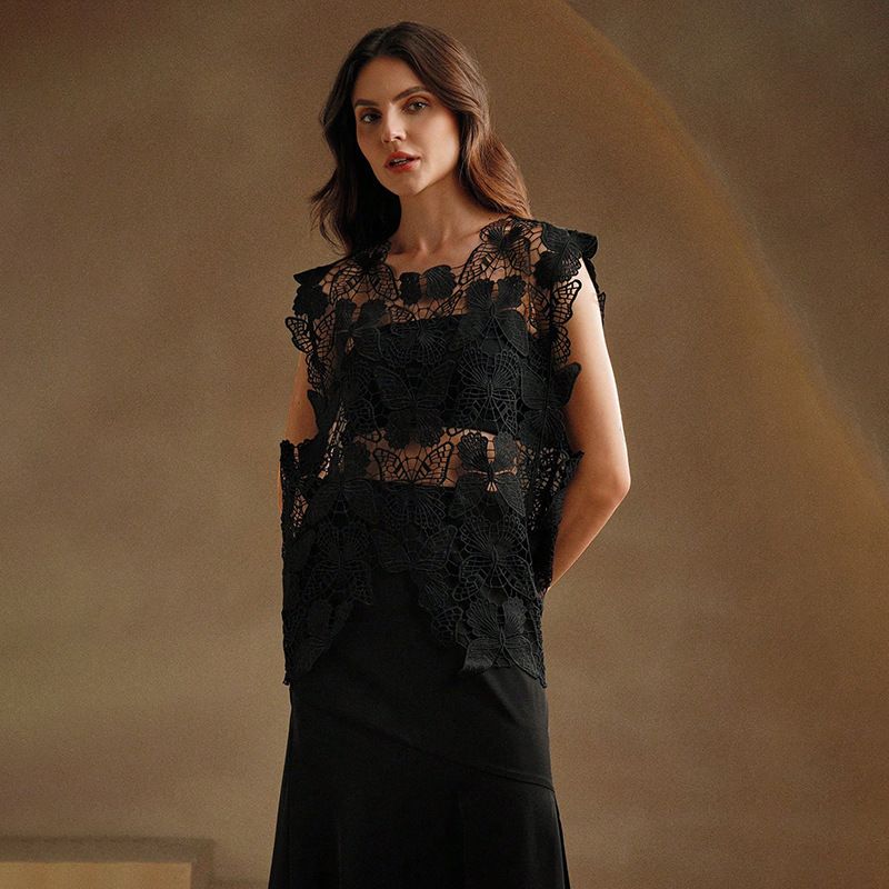 Sommerliche neue ausgehöhlte Weste, handgemachte gestrickte Spitzenstickerei, einfaches lockeres Oberteilkleid_voghion.com