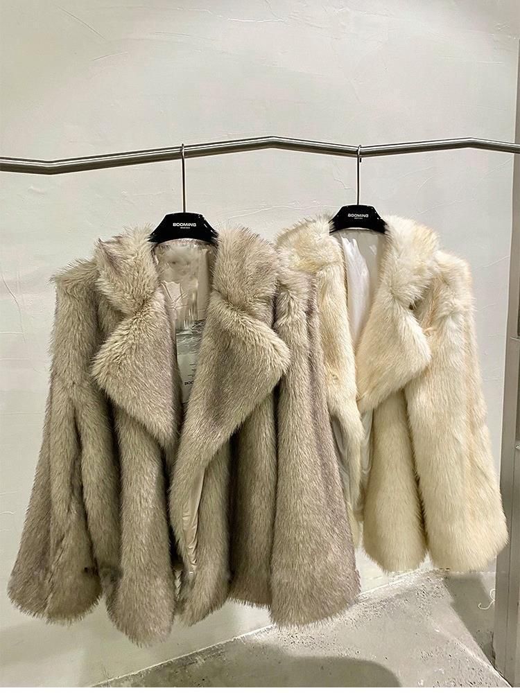Women's Clothing Luxury Faux Fox Fur Coat Women's Longline Casual Oversized Lapel Plush Jacket - Coffee Tip / White With Yellow Tip_voghion.com