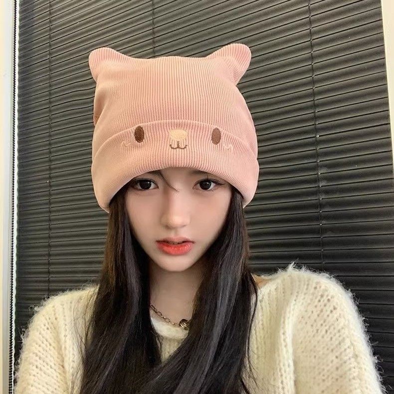 Cappello da donna con orecchie di gatto, lavorato a maglia coreano in lana per maternità, post-parto, caldo e carino_voghion.com