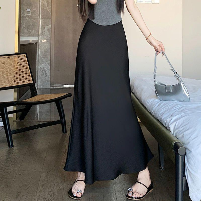 Gonna lunga a portafoglio con vita alta e drappeggio a coda di pesce in raso per abbigliamento da donna, primavera e autunno_voghion.com