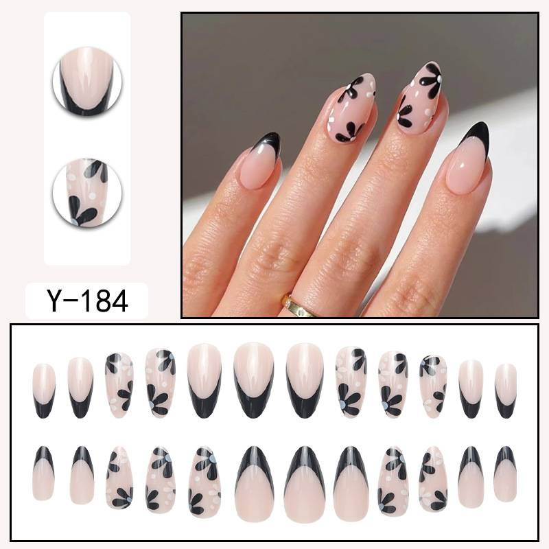 Eleganti adesivi per unghie a forma di mandorla francese nera - Unghie finte riutilizzabili con design a petalo, stile dolce e audace, unghie finte semplici e alla moda per le donne_voghion.com