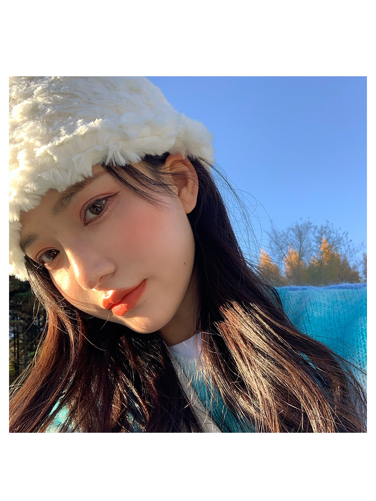 Hat For Women Autumn And Winter Sweet Plush White Rabbit Fur Fisherman Hat Round Face Suitable Warm Bucket Hat_voghion.com