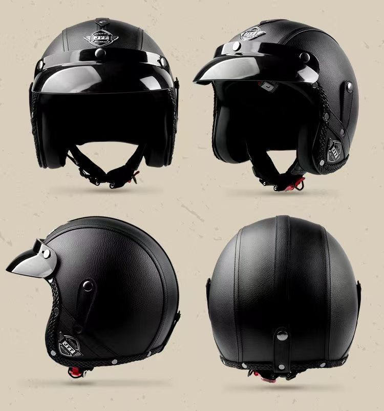 Vintage-Motorradhelm aus Leder mit Bluetooth und Retro-Brille – 3/4-Open-Face-Design, handgefertigte ABS-Schale, Unisex-Erwachsenengrößen (S-2XL)_voghion.com