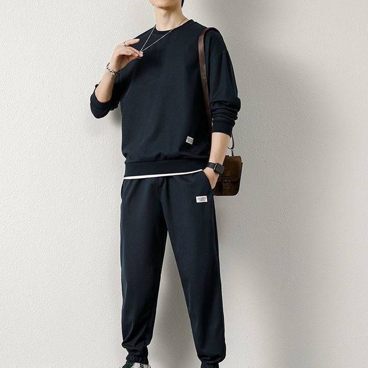 Conjunto de dos piezas para hombre en tejido gofrado: manga larga, cuello redondo y pantalón deportivo (8 colores, 7 tallas), transpirable, de mezcla de algodón._voghion.com