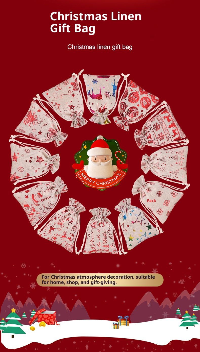 Christmas Drawstring Gift Bags Set - 24 Pack Cotton Linen Burlap Pouch With Gold Foil Print, Santa Reindeer Snowflake Star Designs_voghion.com