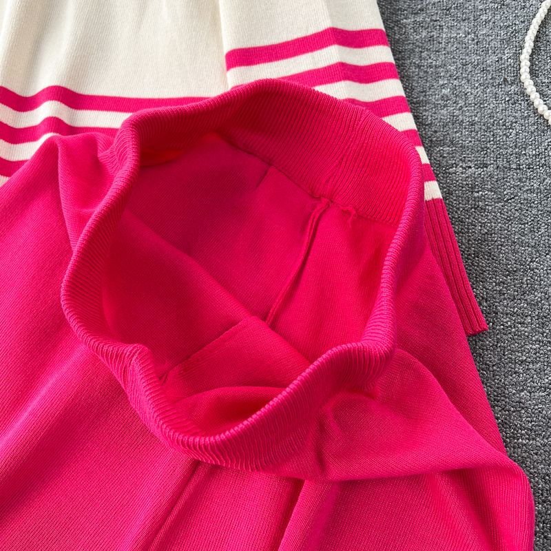 Damenbekleidung im Lazy Style, lockere, kontrastfarbene, gestreifte, langärmelige Strickoberteile für Damen, drapierte Hose mit hoher Taille, lässiger zweiteiliger Anzug für Damen_voghion.com