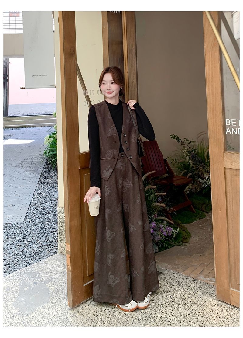 Brown High-End Fashion Suit For Women 2025 Autumn New Elegant Printed Vest Wide-Leg Pants Three-Piece Set_voghion.com