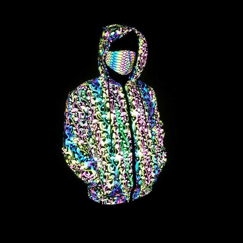 Men's Clothing Colorful leaf laser jacket men's ins trendy tops loose zipper hooded pullover reflective jacket_voghion.com