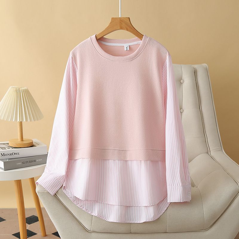 Women's Clothing Plus Size Clothes Long Sleeve Pullover – Striped Stitching & Loose Fit (XL-4XL, Black/Pink) – Comfortable Autumn Tunic Top_voghion.com