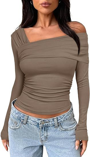 Camicetta da picnic monospalla a maniche lunghe con volant, camicia slim Y2K da donna_voghion.com