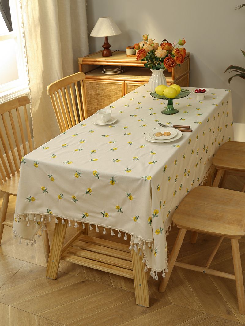 Luxury Waterproof Tablecloth - Pink Floral Embroidery On Linen, Stain & Dust Resistant For Dining Table (150x220cm, Machine Washable)_voghion.com