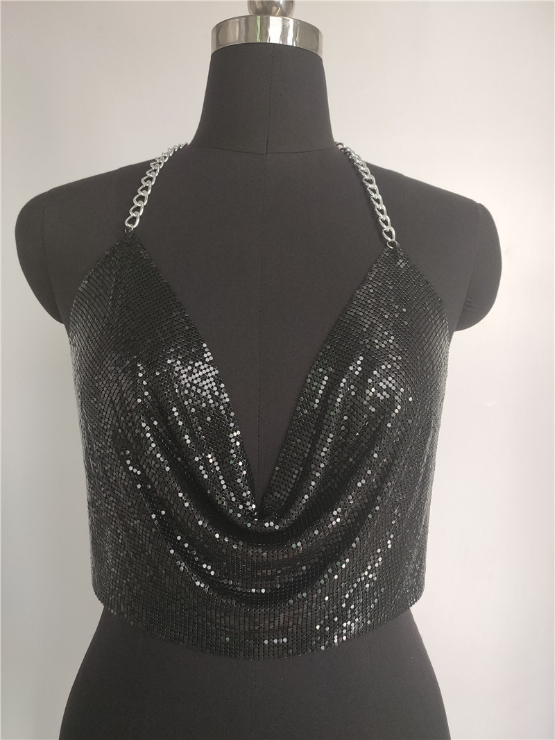 Gilet con paillettes e diamanti in stile discoteca sexy con catena in metallo, scollo a V e scollo all'americana_voghion.com