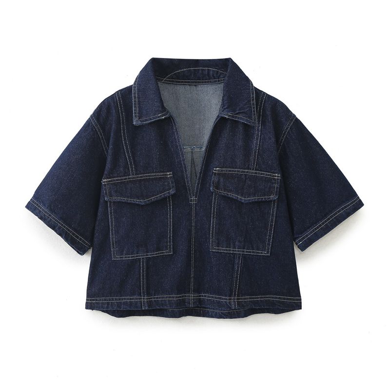 Damenbekleidung Kurzes Jeanshemd Zweireihiger Jeansrock Hosenanzug_voghion.com
