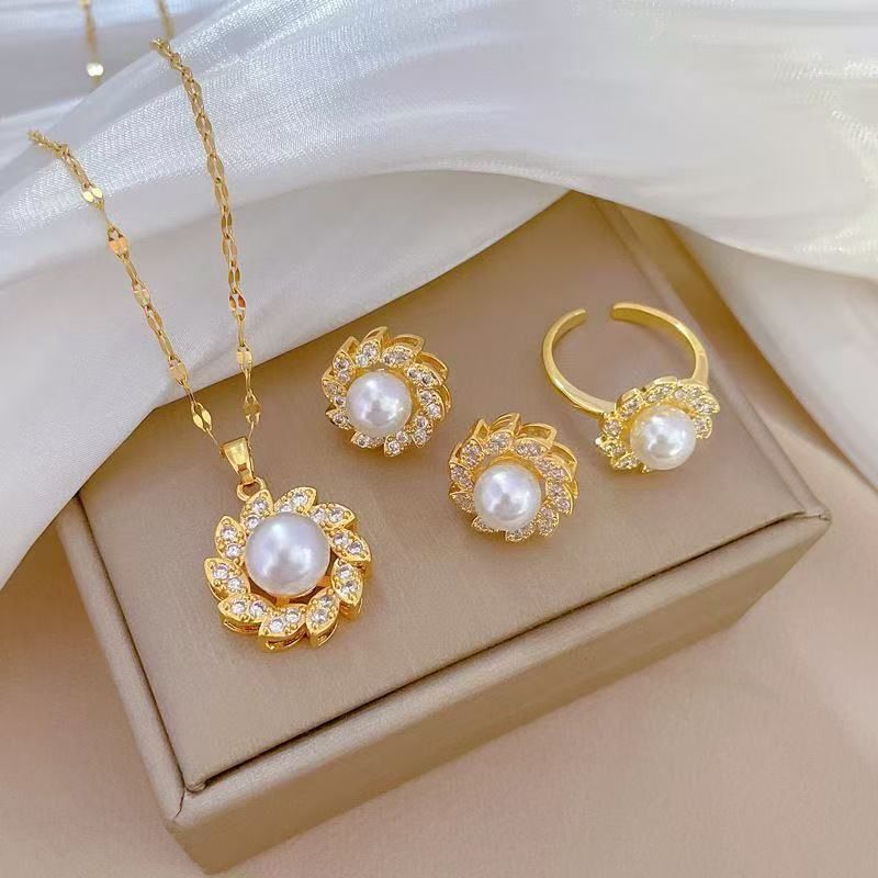Jewelry Pearl Flower Necklace Fashion Trend Non-Fading Clavicle Chain Earrings Ring Three-Piece Set For Women_voghion.com