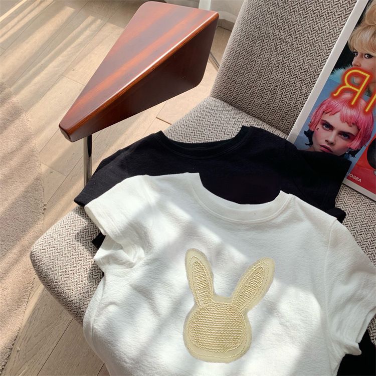 Women's clothing new cute rabbit short-sleeved T-shirt for women, slim and small tops, casual and age-reducing, navel-baring and chic small shirt_voghion.com