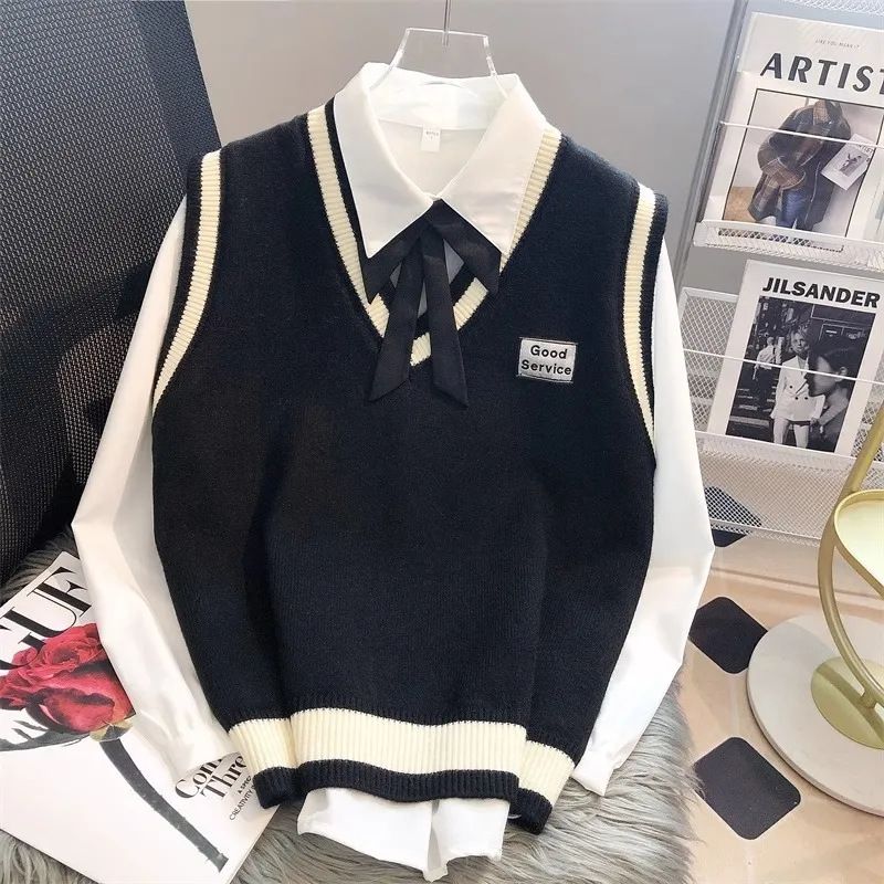 College style knitted for women in autumn and winter, layered on to, loose shoulder V-neck sleeveless sweater, vest_voghion.com