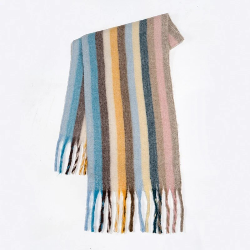 Coreano quente impressão cachecol feminino inverno outono engrossar grande arco-íris vertical listrado xale macio cashmere cobertor cachecóis_voghion.com