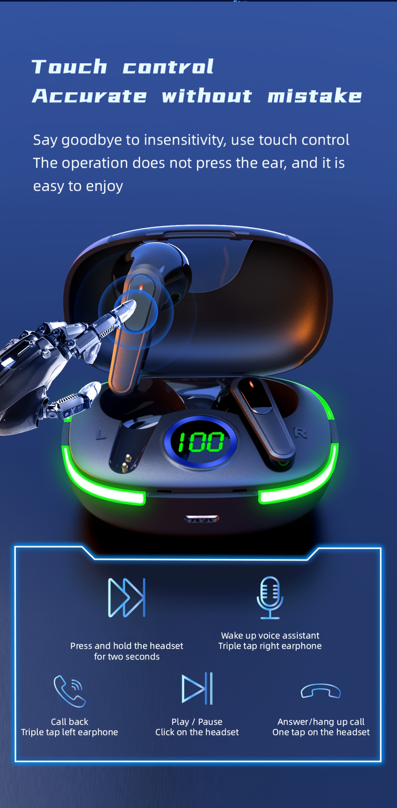 LED Display Touch Control trådløse øretelefoner - TWS In-Ear Sports Gaming Headset med fordybende lyd til IOS/Android_voghion.com