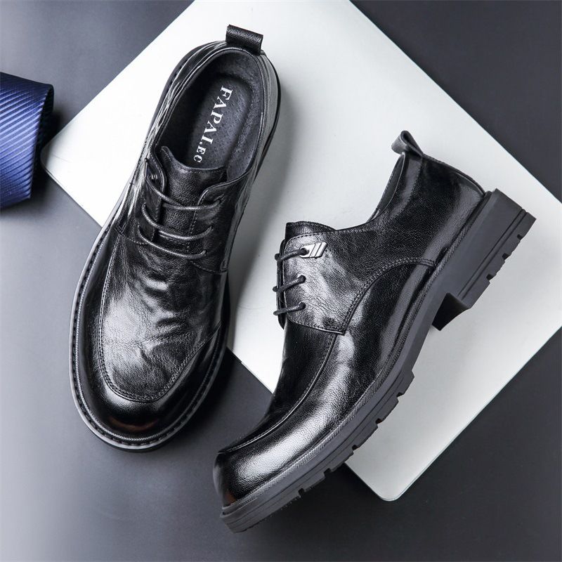 Middle aged casual round toe lace up black business commuting leather shoes, men's_voghion.com