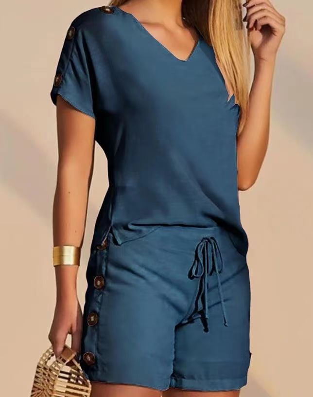 Ensemble deux pièces pour femme, haut à col en V confortable et décontracté, couleur unie, short à boutons décoratifs_voghion.com