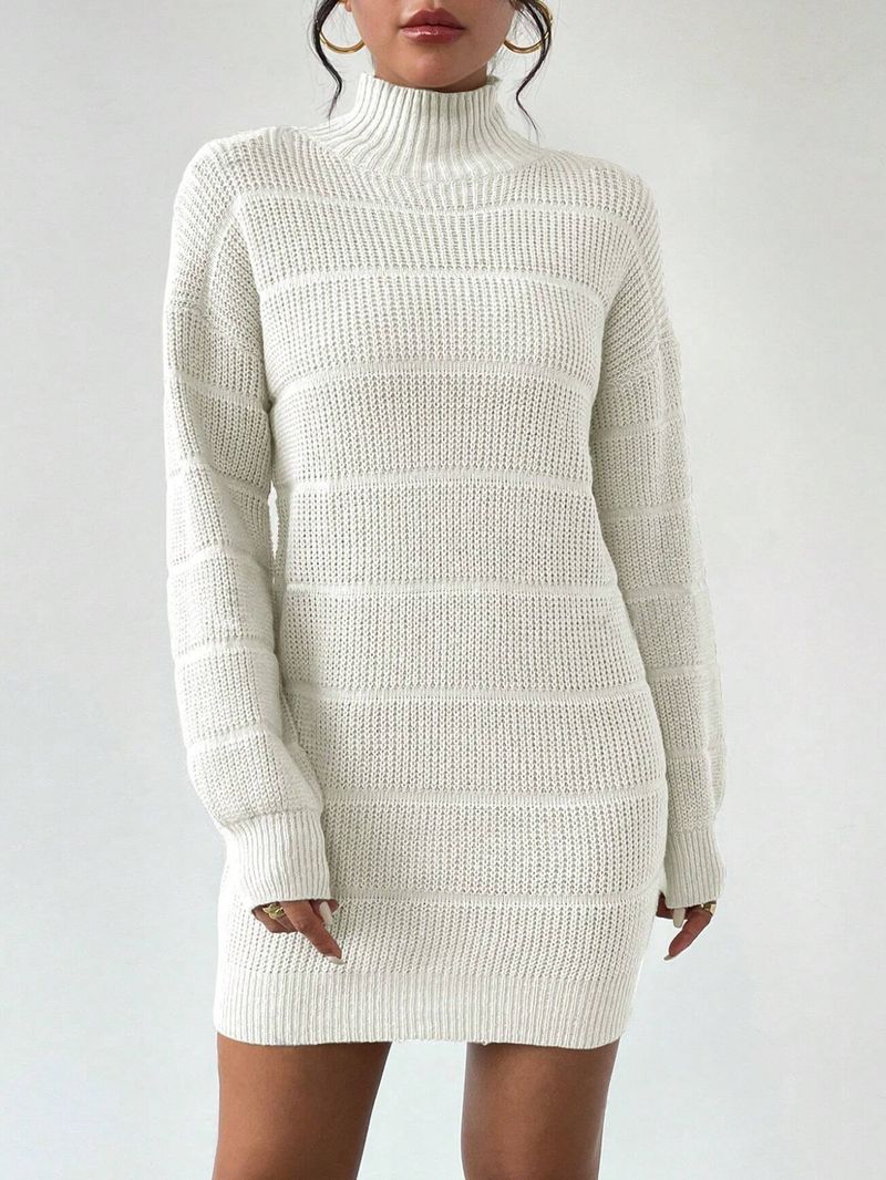 Slim-Fit Ribbed Knit Dress – Versatile Mock Neck Long Sleeve Bodycon Dress For Women (Black/White/Wine, S-XL)_voghion.com