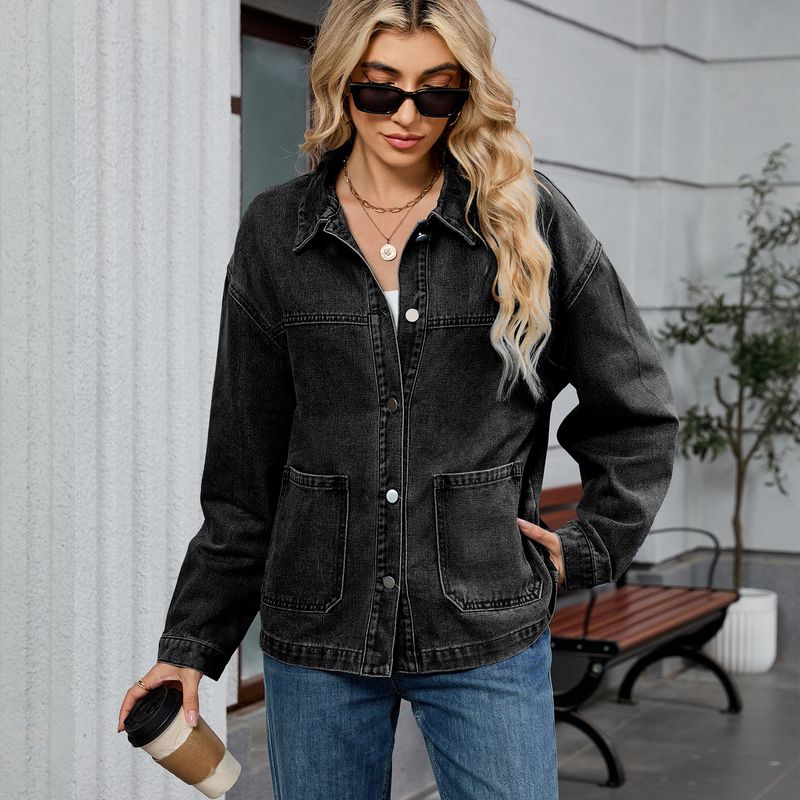 Giacca in denim vintage da donna - Cappotto oversize a maniche lunghe dalla vestibilità comoda con colletto classico, blu retrò e grigio nero_voghion.com