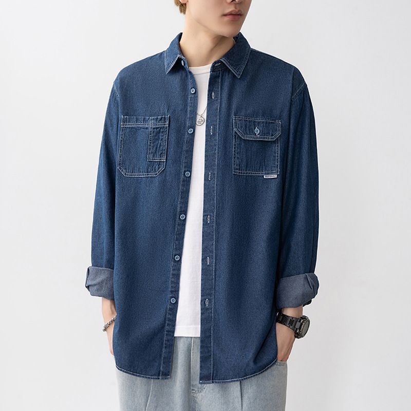 Nuova camicia alla moda con colletto ribaltabile, casual, opzioni multiple, in cotone, a maniche lunghe, in denim, da uomo, alla moda_voghion.com