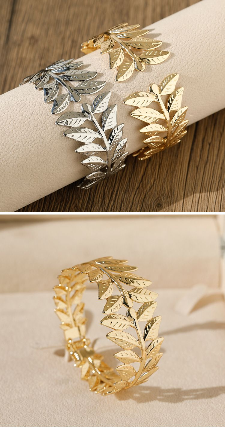 Pulseira de metal com folha oca aberta, estilo europeu e americano, personalidade da moda, pulseira larga de primavera com folha esculpida e flor feminina_voghion.com