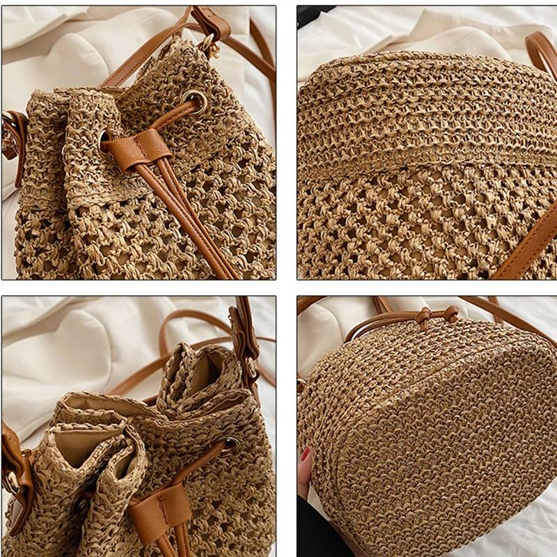 Secchiello di paglia intrecciata estiva per le donne Borsa a tracolla con coulisse semplice Borsa da spiaggia da viaggio Borsa a mano casual intrecciata_voghion.com