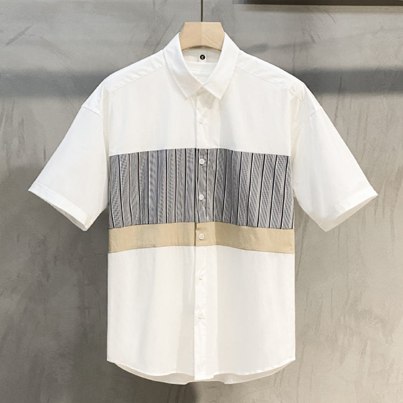 New style spliced shirt men's short sleeve Hong Kong wind ruffian handsome trend casual everything with summer thin loose shirt coat_voghion.com