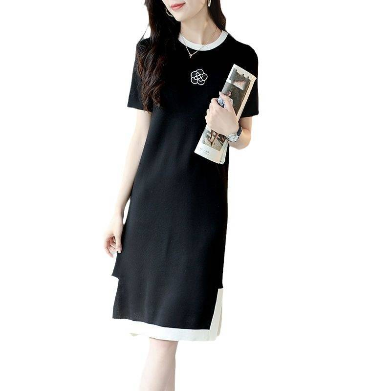 Robe à manches courtes tricotée en soie glacée, vêtements pour femmes, fente perlée, camélia_voghion.com