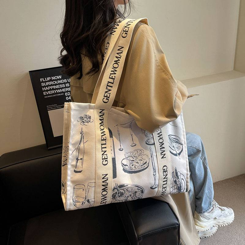 Bolso de lona a la moda para mujer, bolso grande de hombro con borla y letras, material vaquero, bolso de compras de gran capacidad para mujer_voghion.com