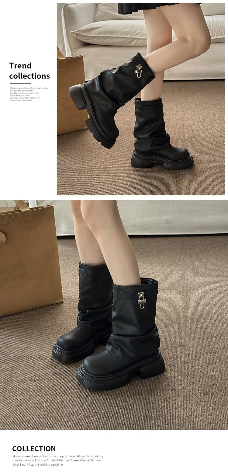 Lederstiefel Netzwerk rote kurze Stiefel Damen 2024 neue Stiefel Casual Style Retro 100 dicke Sohlenhose Stiefel Mid-Calf Stiefel_voghion.com
