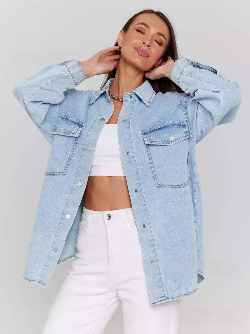 Jeanshemd in Übergröße – Übergroßes, lässiges Chambray-Oberteil mit Knopfleiste für Damen, leichte, locker sitzende Jeansjacke für Damen_voghion.com