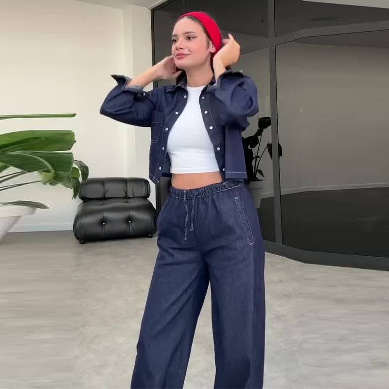 Women's Solid Color Lapel Top & Drawstring Jeans Two-Piece Set - Casual Autumn Outfit For Everyday Wear_voghion.com
