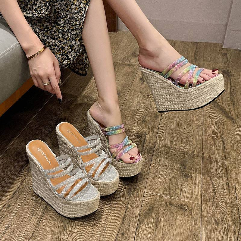 16CM Platform Sandals With CrissStraps & Jute Sole - Summer Wedge Shoes Comfortable Thick Sole Design, Available In Silver & Multicolor_voghion.com