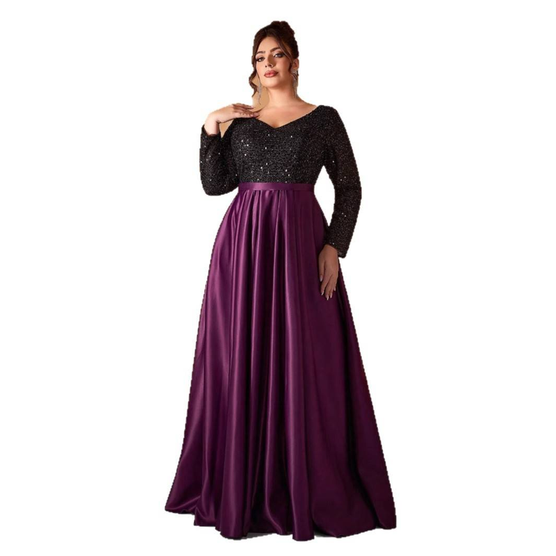 Elegante vestido de noche de satén negro con lentejuelas, escote en V y mangas largas para mujer: perfecto para fiestas, galas y ocasiones especiales._voghion.com