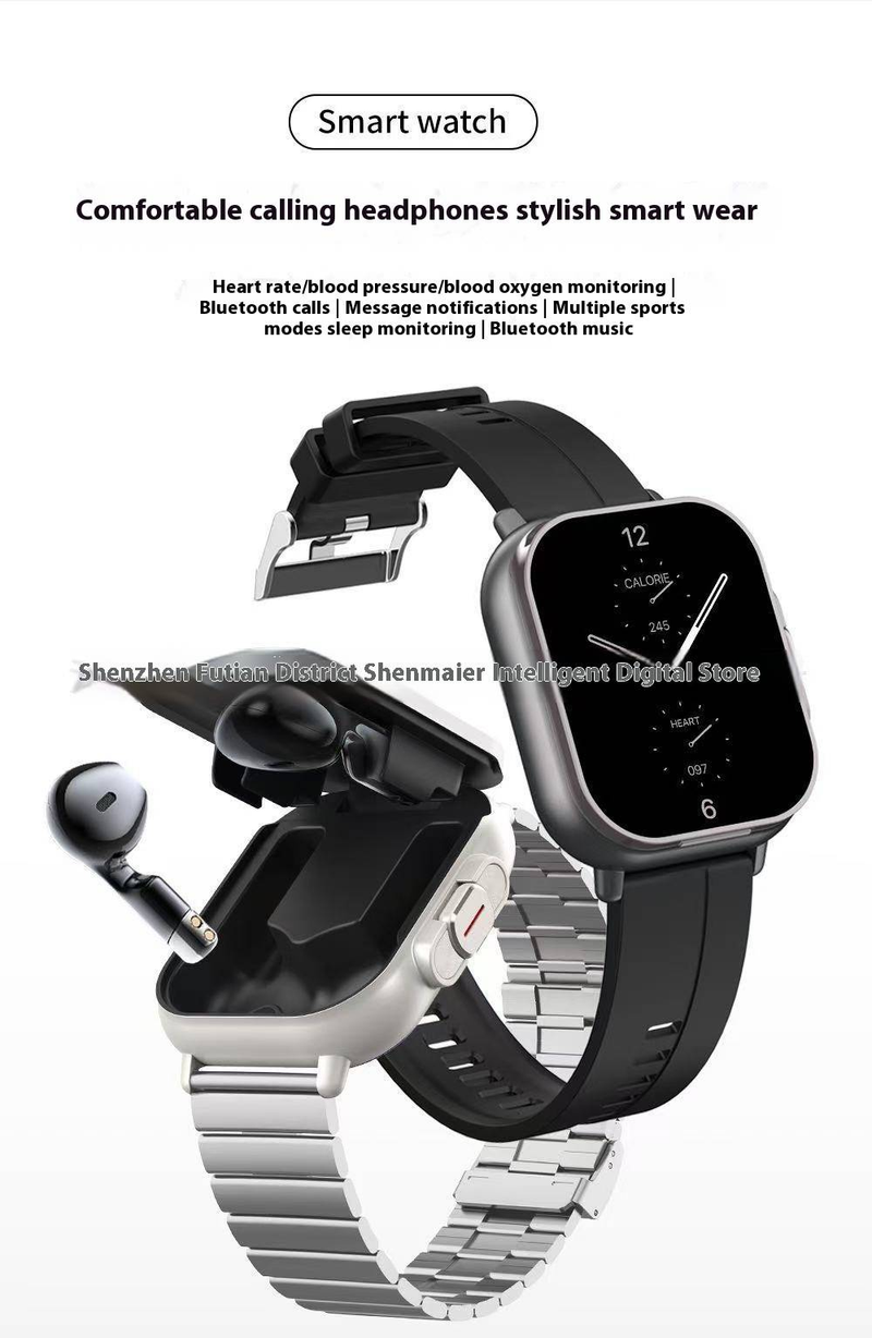 D8 Smart Watch With Bluetooth Calling & Built-in Earbuds, Full Touch Screen Fitness Tracker For Women Men, Heart Rate Monitor_voghion.com