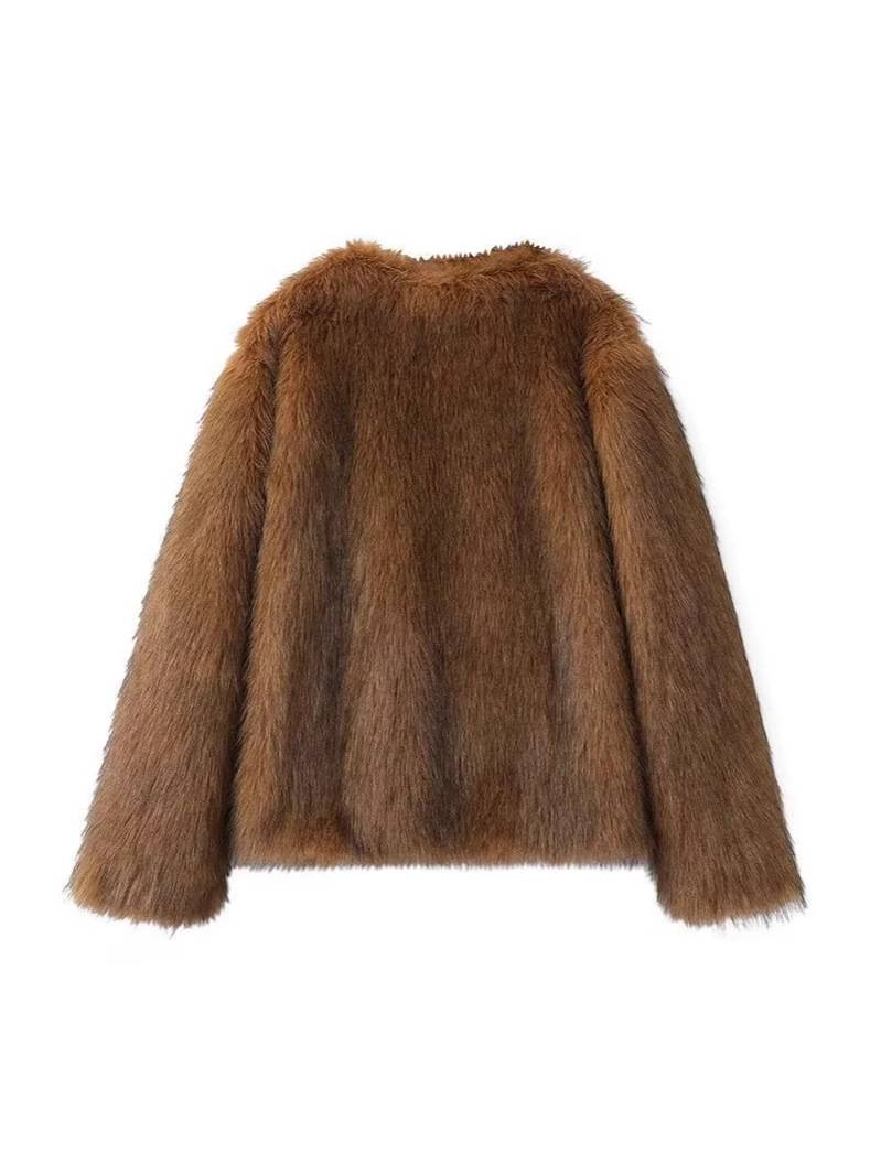 Women's Clothing Winter Faux Fox Fur V-Neck Cardigan With Black Tips – Short Sleeve Elegant Streetwear (Sizes S/M/L)_voghion.com