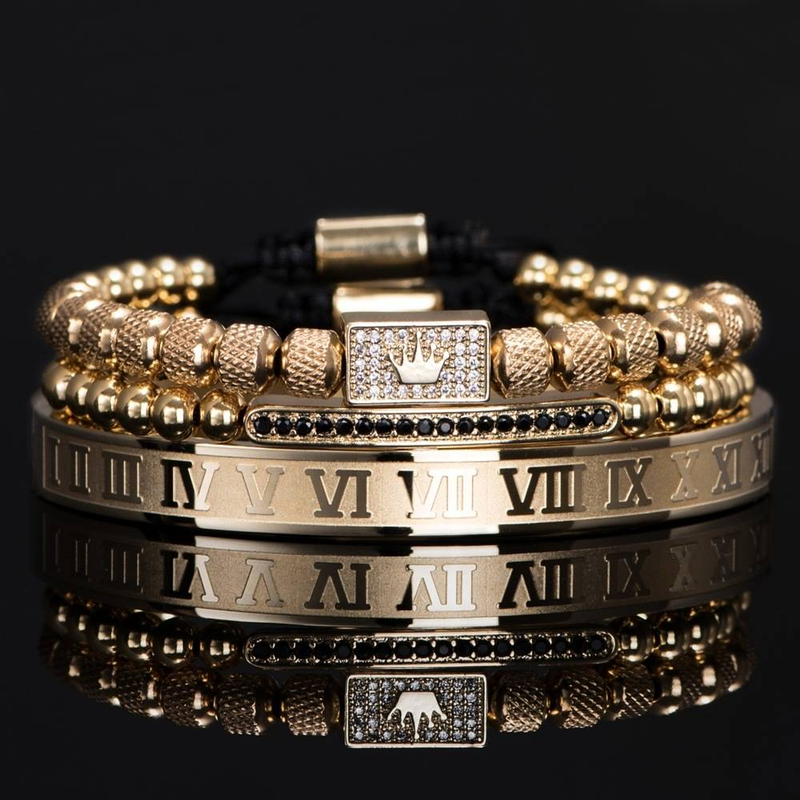 Pulsera de acero inoxidable con corona y números romanos para hombre: elegante diseño micropavé para accesorios de moda (oro, acero, negro)_voghion.com