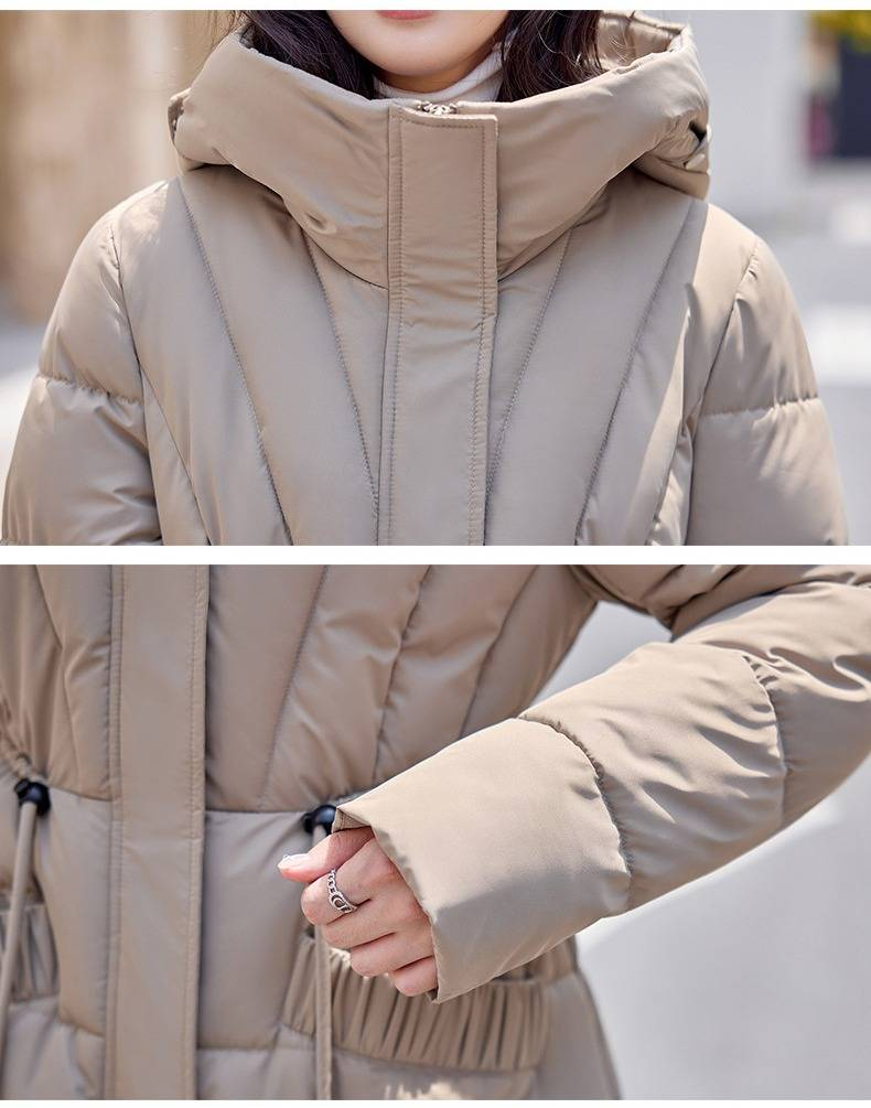 Elegant Long Puffer Coat For Women – Slim-Fit Belted Hooded Winter Jacket With Knee-Length Warmth_voghion.com