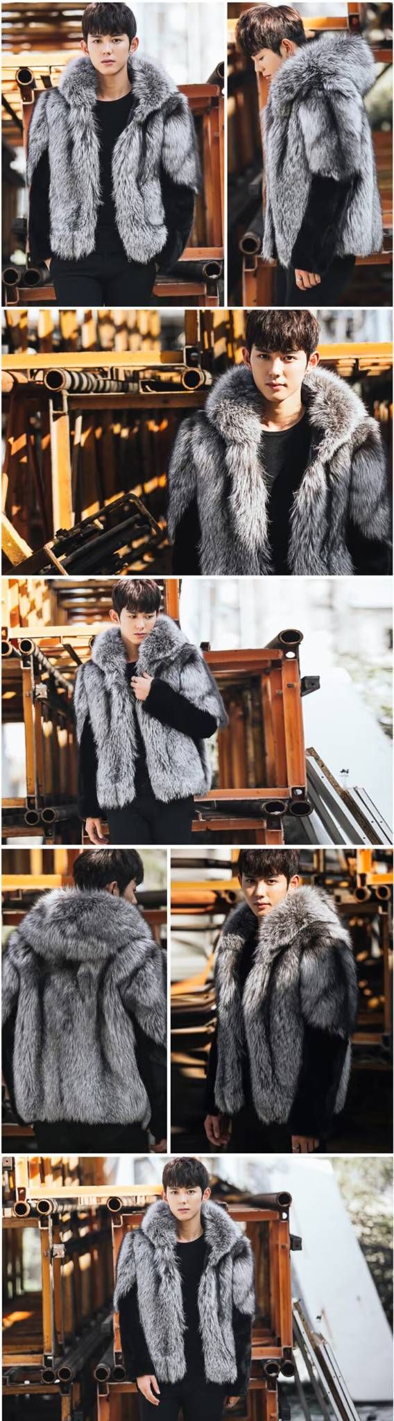 Luxury Faux Fur Hooded Coat For Men - Winter Fashion Outerwear With Fox & Mink Style Design, Slim Fit Zip-Up Jacket For Casual Wear_voghion.com
