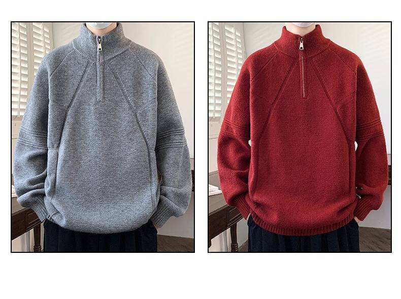 Men's Half-Turtleneck Zip-Up Sweater, Winter Knit Pullover With Stylish Design, Soft Comfortable Loose Fit Casual Wear Pure Color Stretchable Fabric_voghion.com