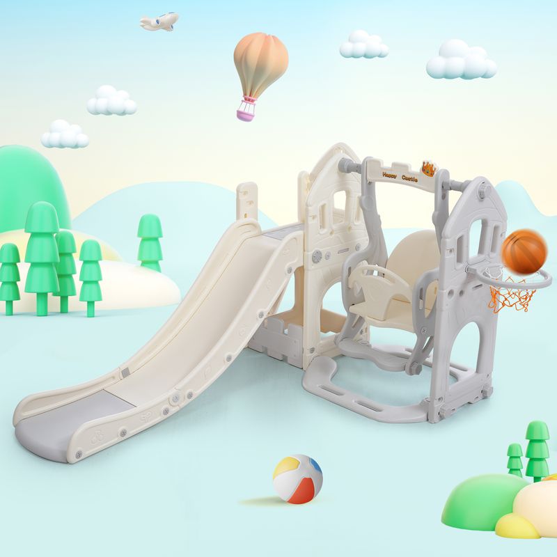 Ensemble de toboggan 5 en 1 pour enfants avec balançoire, escalade, rangement et cadre de basket-ball, toboggan intérieur et balançoire combinés pour enfants_voghion.com