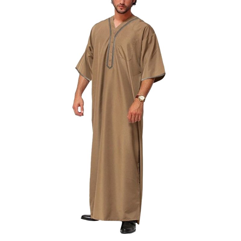 Jubba Thobe muçulmano cor sólida botão quimono robe médio camisa muçulmana saudita gola alta kaftan árabe islâmico masculino_voghion.com
