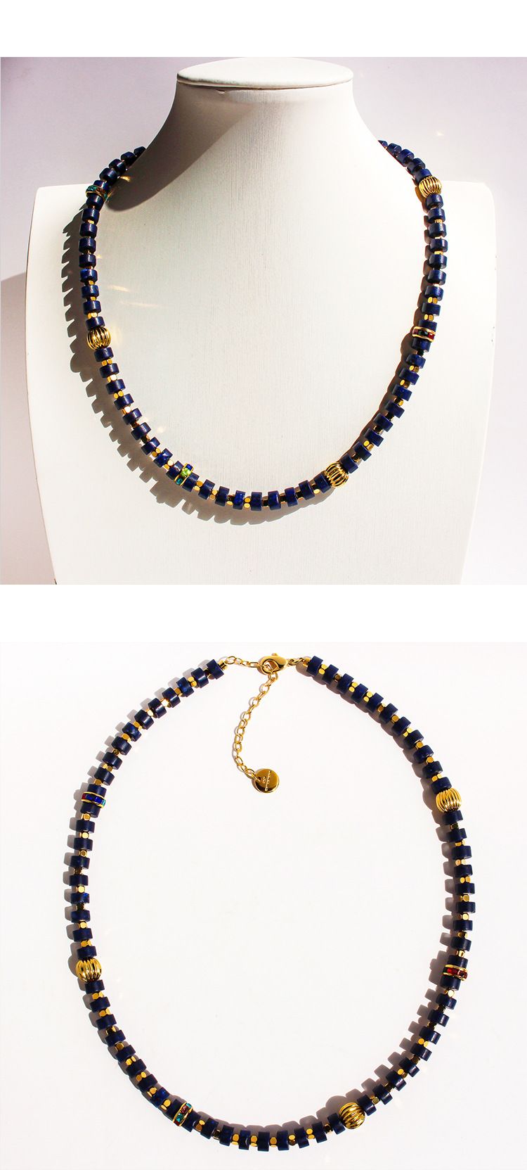 Collana unica con perline di lapislazzuli a strati e ciondolo a forma di leone, design geometrico fatto a mano, pezzo distintivo in stile bohémien da indossare tutti i giorni._voghion.com