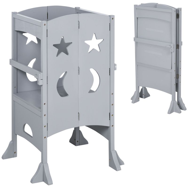 Wooden Kitchen Step Stool For Kids, Foldable Toddler Tower, Helper Stool For Kitchen Counter With Support Handles Safety Rail, Gray_voghion.com